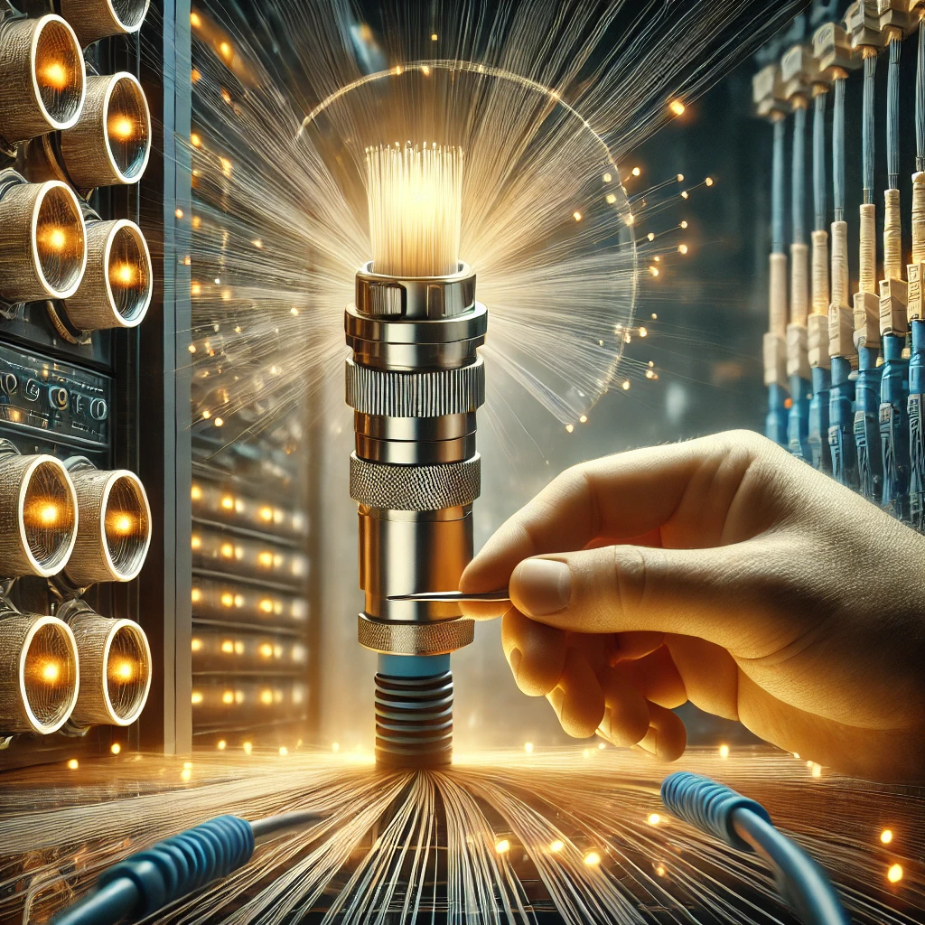 DALL·E 2025-02-16 17.49.45 - A highly detailed image representing a custom solution in fiber optic installation. The scene shows a technician carefully fitting a unique fiber opti